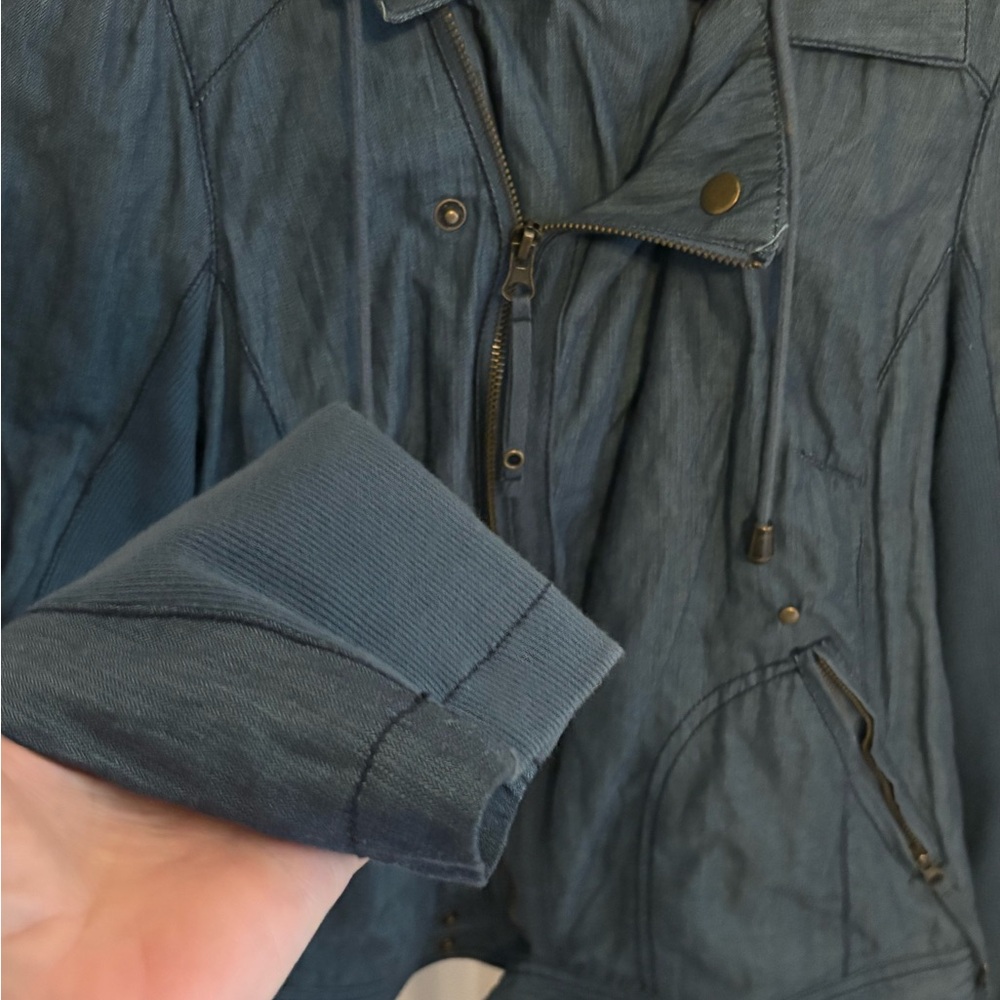 Free People Denim Blue chambray soft Utility Jacket with Charcoal Hood - Picture 2 of 5